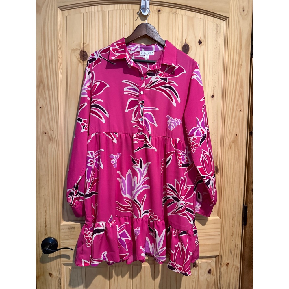 She + Sky Pink Floral Babydoll Mini Dress Long Sleeve SY5942 Womens Medium
